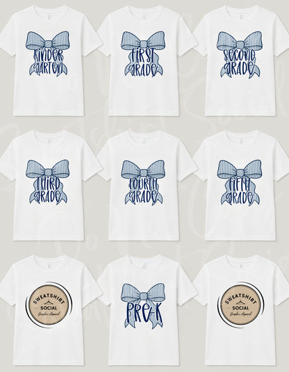 Blue Bow Grade Level Shirt – Girly Back to School Tee (Youth & Toddler Sizes, Pre-K to 5th Grade)