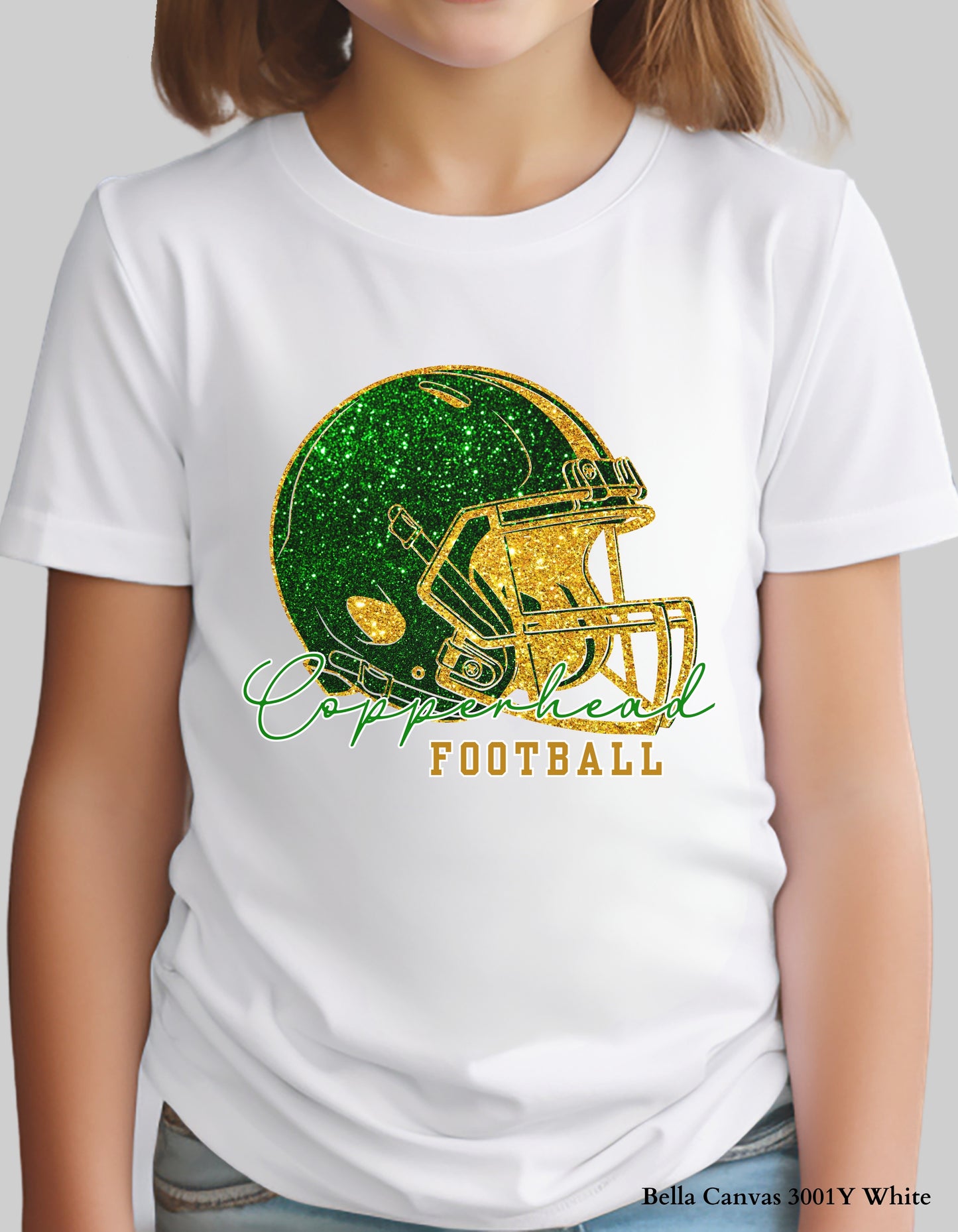 Kids Catawba Ridge Copperheads Football Shirt – Faux Glitter Helmet Design (Infant, Toddler, and Youth Game Day Top)