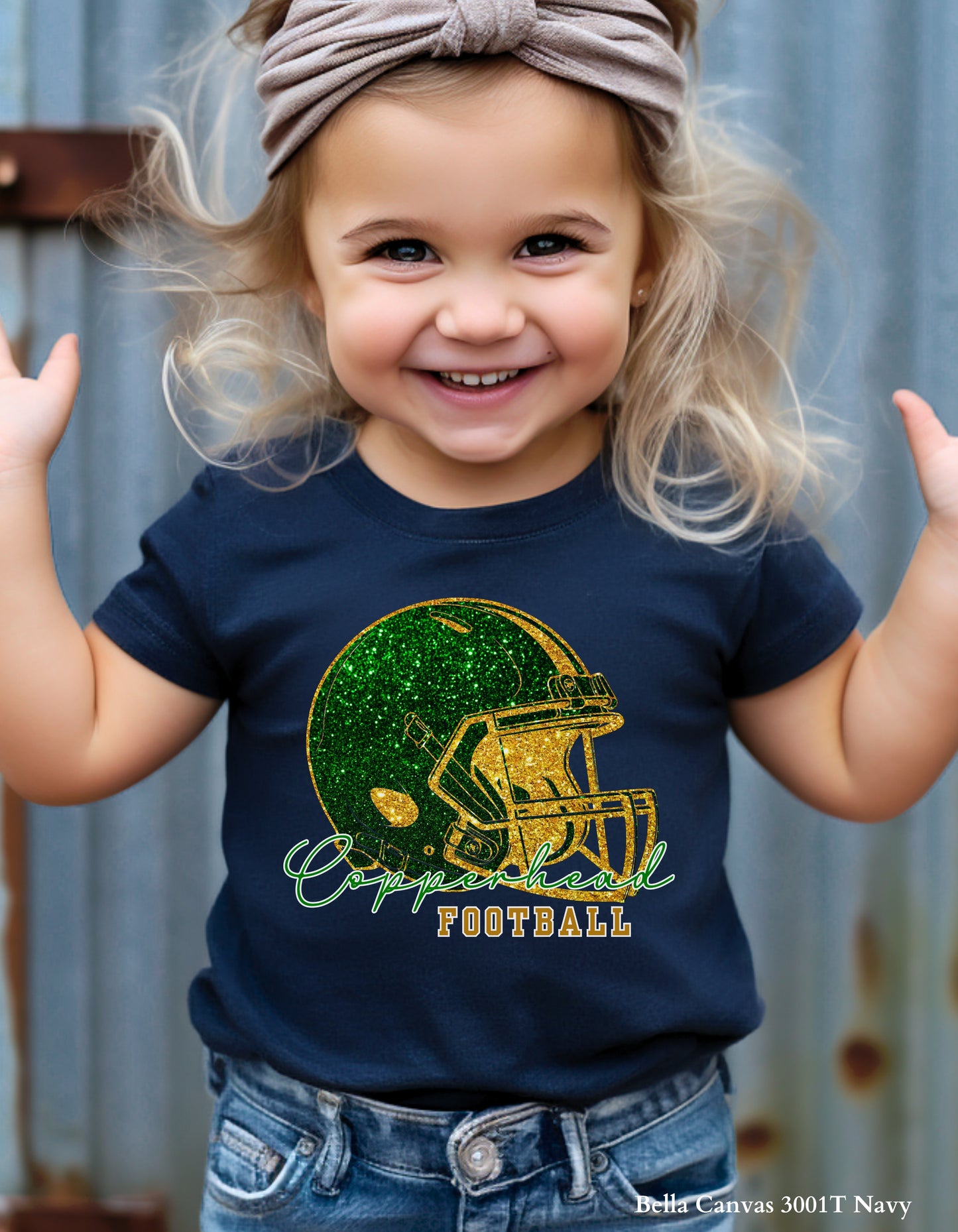 Kids Catawba Ridge Copperheads Football Shirt – Faux Glitter Helmet Design (Infant, Toddler, and Youth Game Day Top)