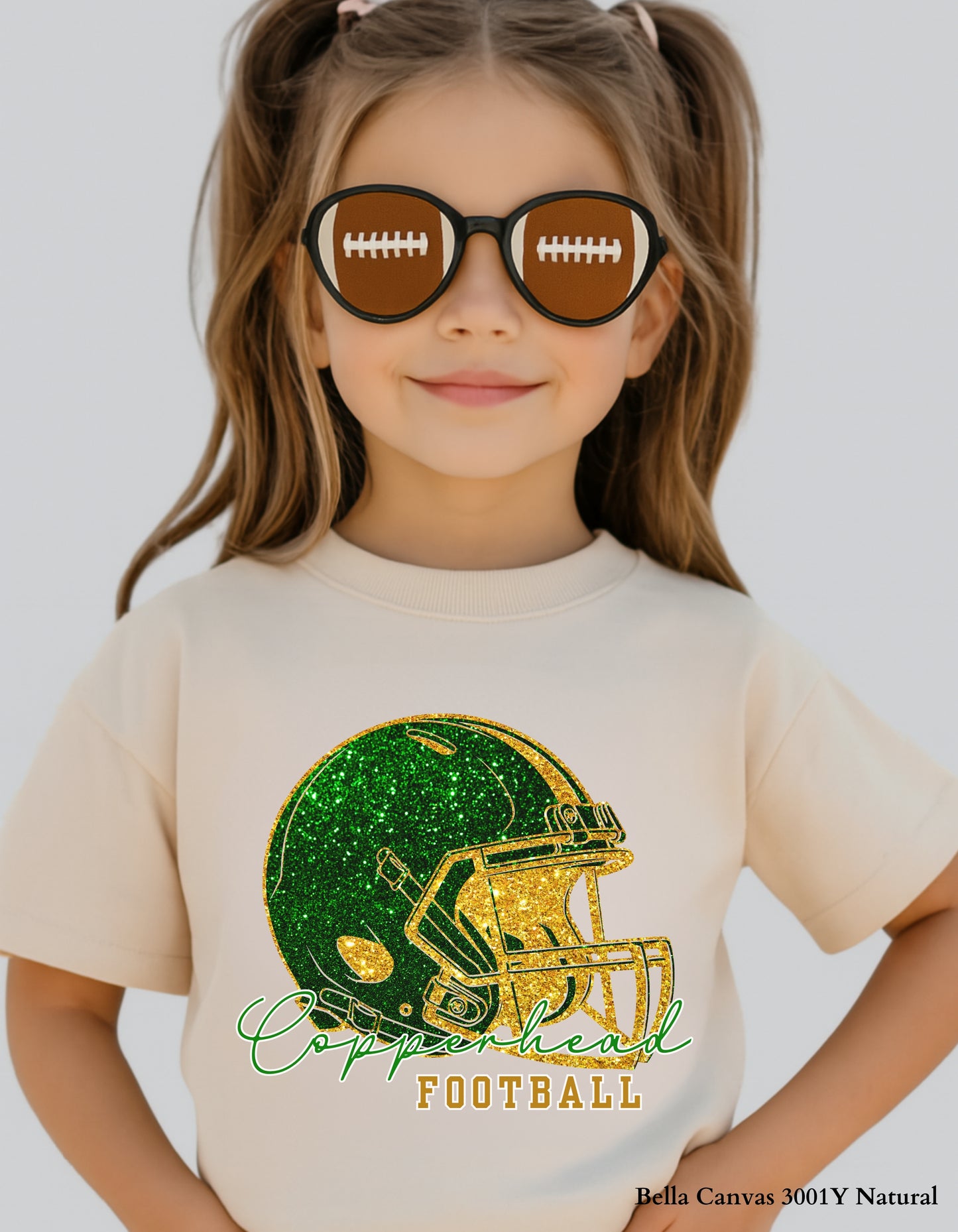 Kids Catawba Ridge Copperheads Football Shirt – Faux Glitter Helmet Design (Infant, Toddler, and Youth Game Day Top)