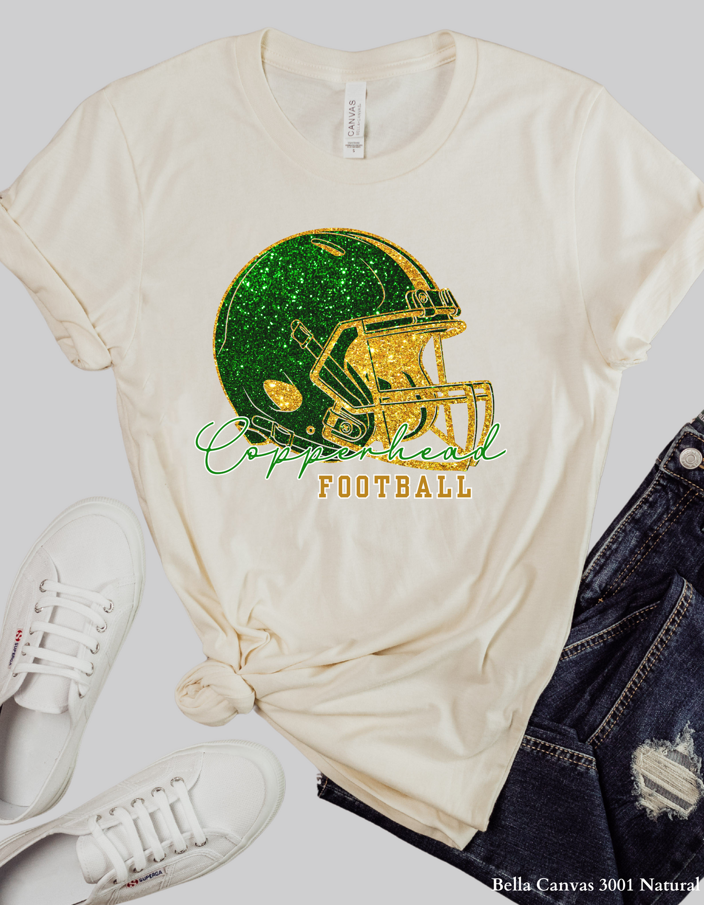 Catawba Ridge Copperheads Football Shirt – Faux Glitter Helmet Design (Game Day Spirit Tee or Sweatshirt)