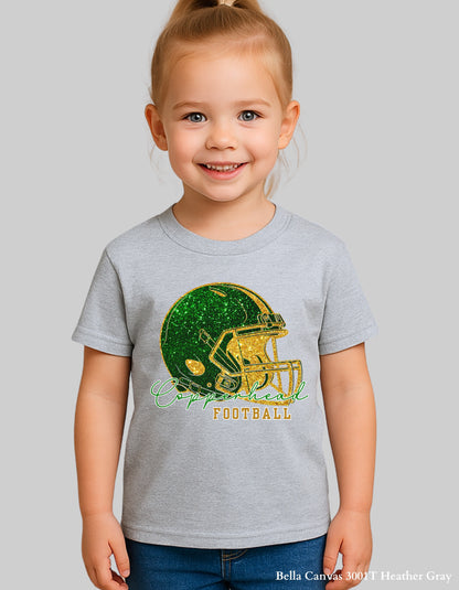 Kids Catawba Ridge Copperheads Football Shirt – Faux Glitter Helmet Design (Infant, Toddler, and Youth Game Day Top)