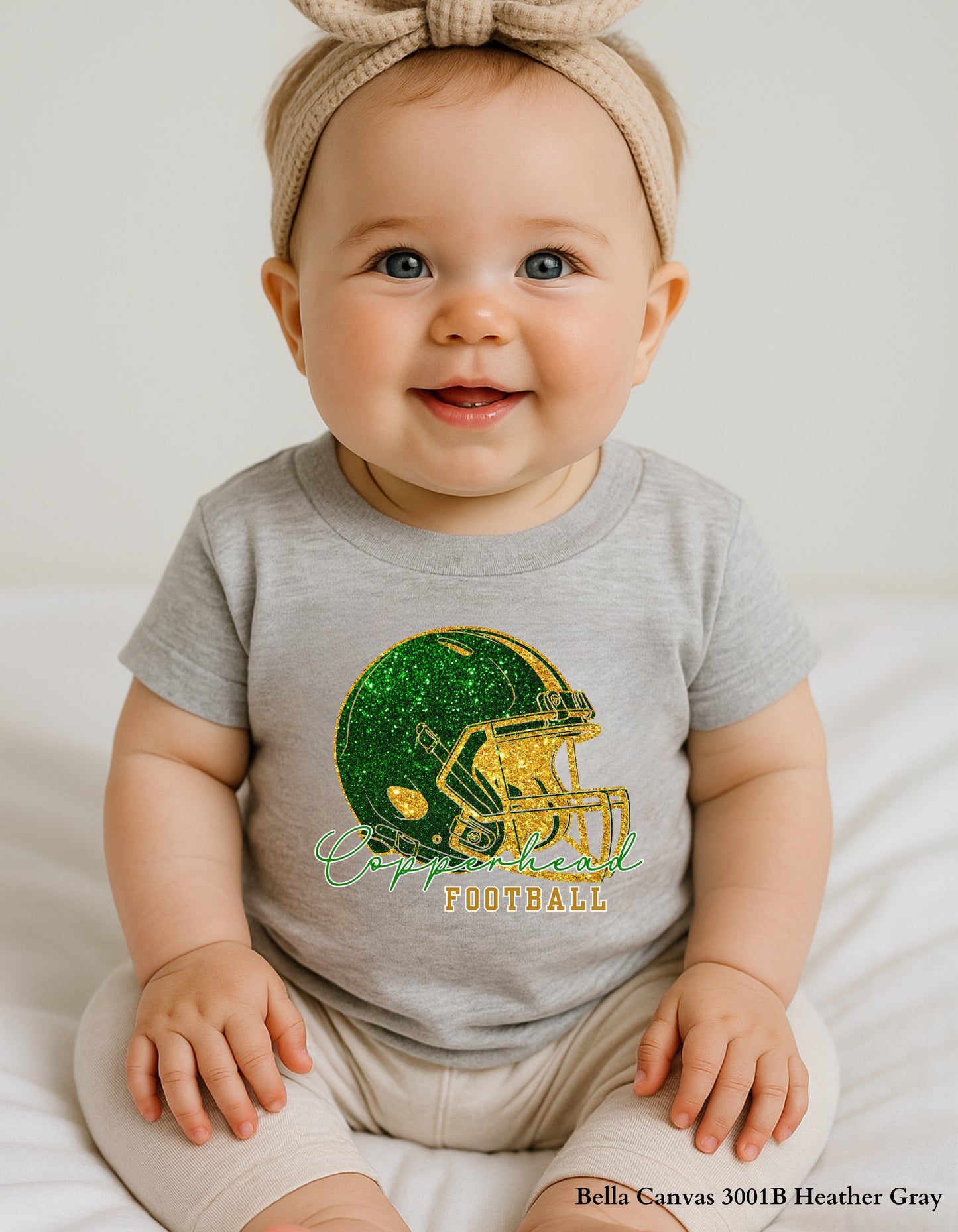 Kids Catawba Ridge Copperheads Football Shirt – Faux Glitter Helmet Design (Infant, Toddler, and Youth Game Day Top)