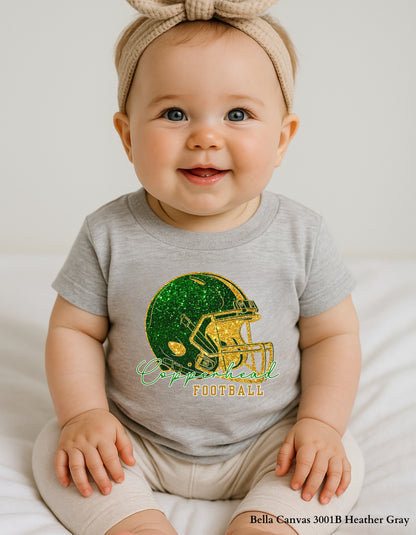 Kids Catawba Ridge Copperheads Football Shirt – Faux Glitter Helmet Design (Infant, Toddler, and Youth Game Day Top)