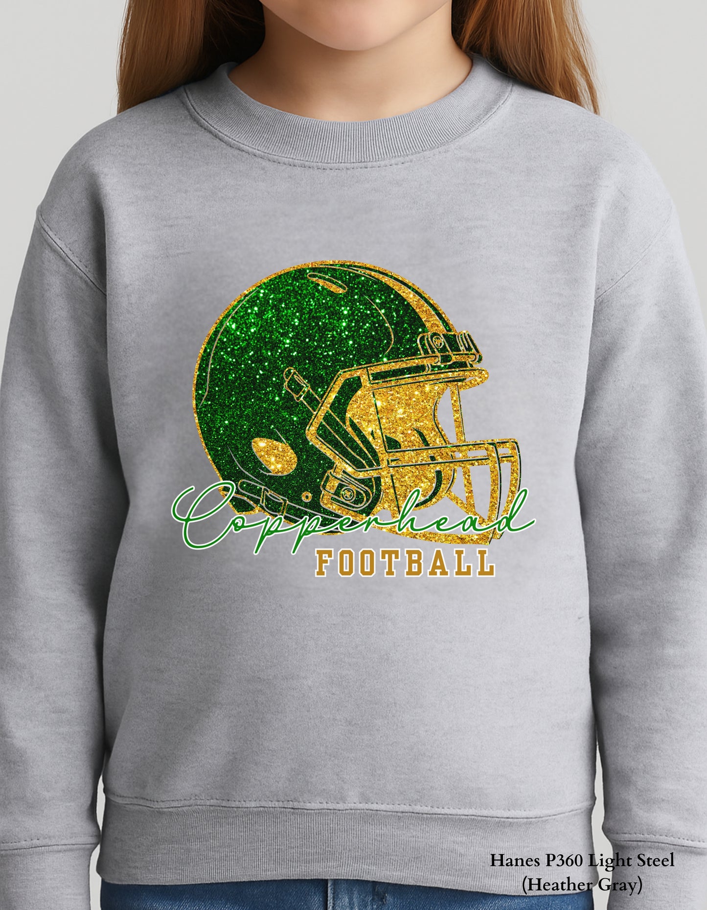 Kids Catawba Ridge Copperheads Football Shirt – Faux Glitter Helmet Design (Infant, Toddler, and Youth Game Day Top)