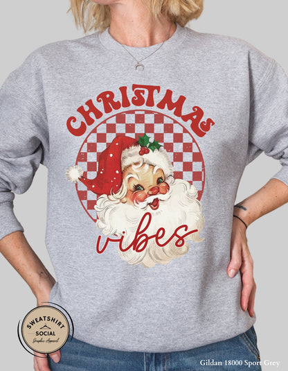 Christmas Vibes T-Shirt or Sweatshirt – Retro Santa Holiday Crewneck (Adult Sizes S–2XL)