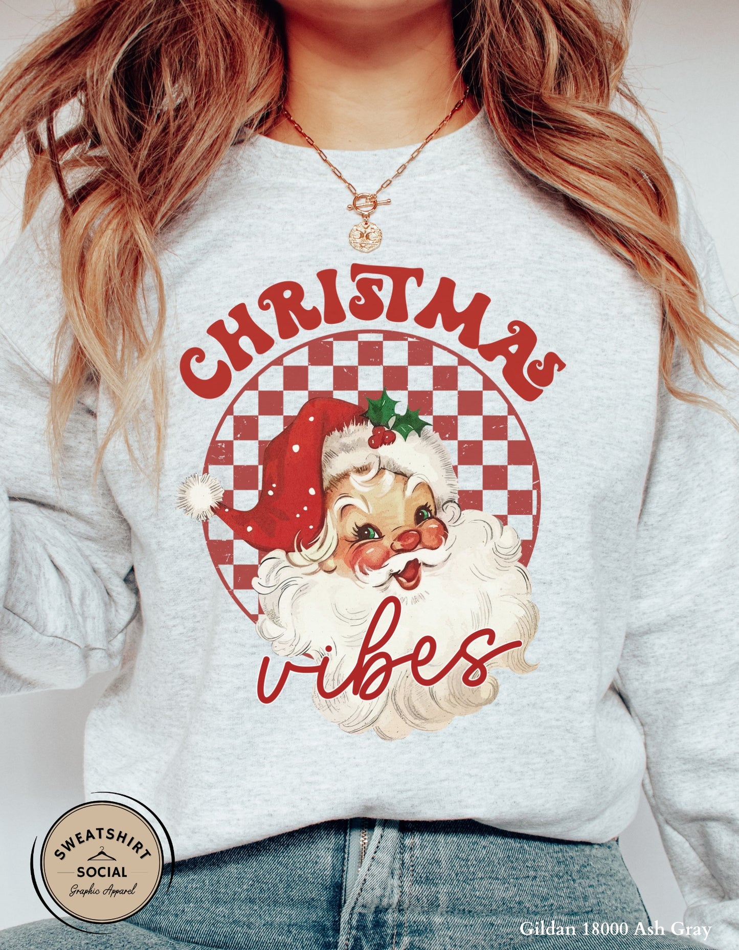 Christmas Vibes T-Shirt or Sweatshirt – Retro Santa Holiday Crewneck (Adult Sizes S–2XL)