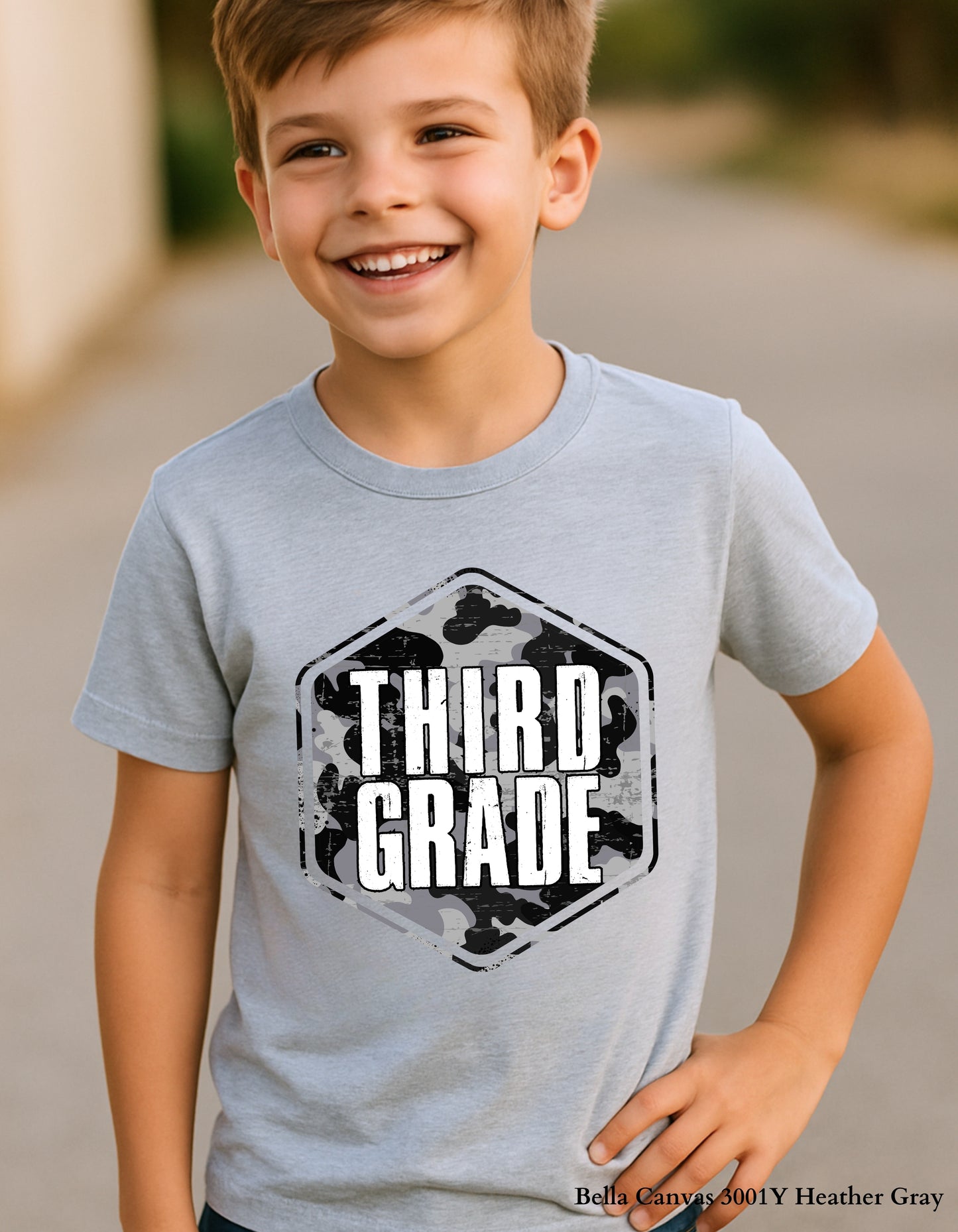 Camo Grade Level Shirt – Black & Gray Distressed Design for Back to School (Toddler & Youth Sizes)