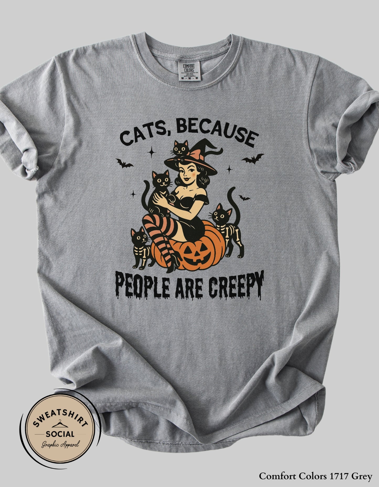 Cats Because People Are Creepy Halloween Tee or Sweatshirt – Retro Witch & Black Cats (Adult Sizes)
