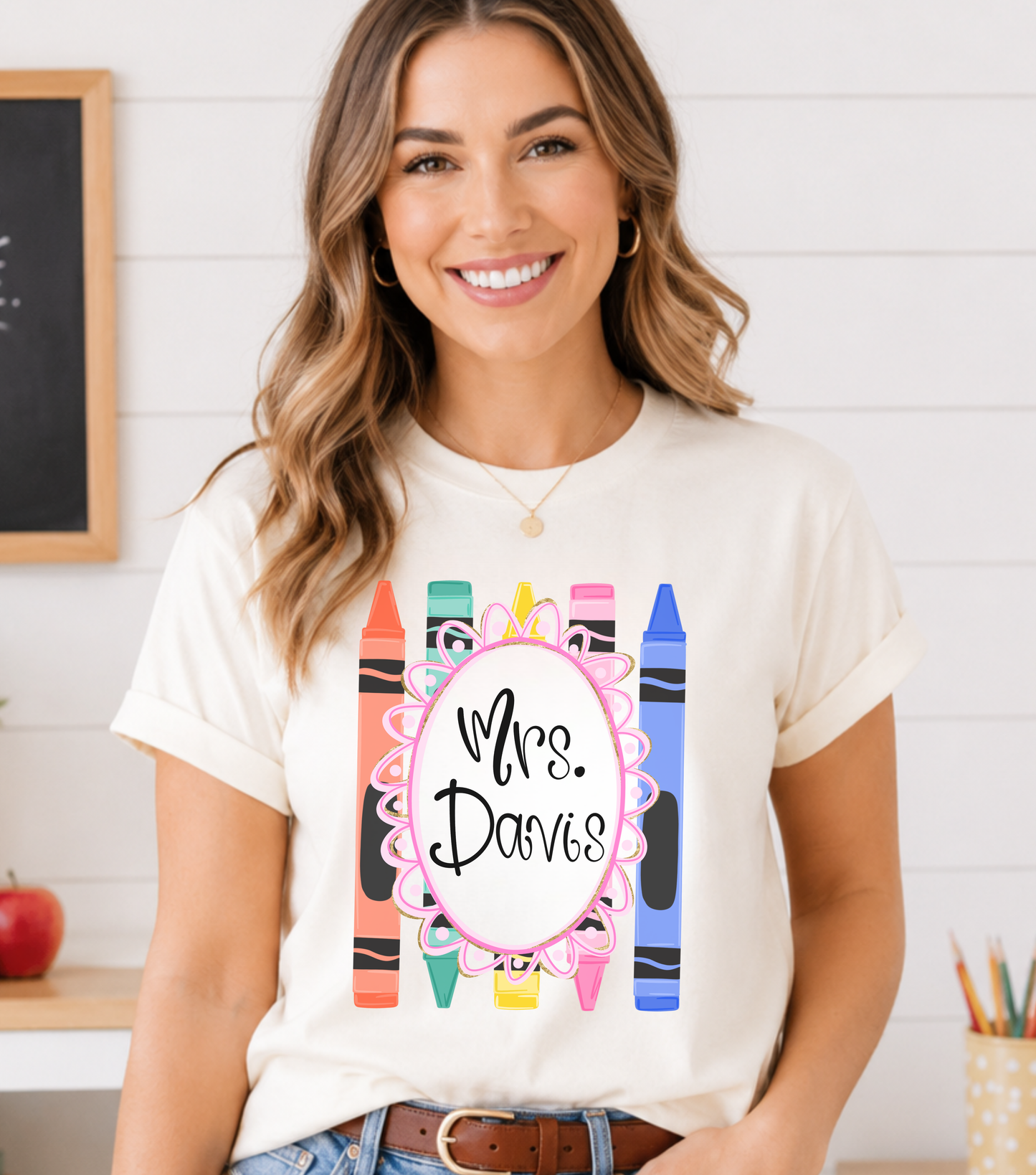 Personalized Teacher Crayon Graphic Tee – Custom Teacher Name Shirt (Adult Sizes S–3XL)