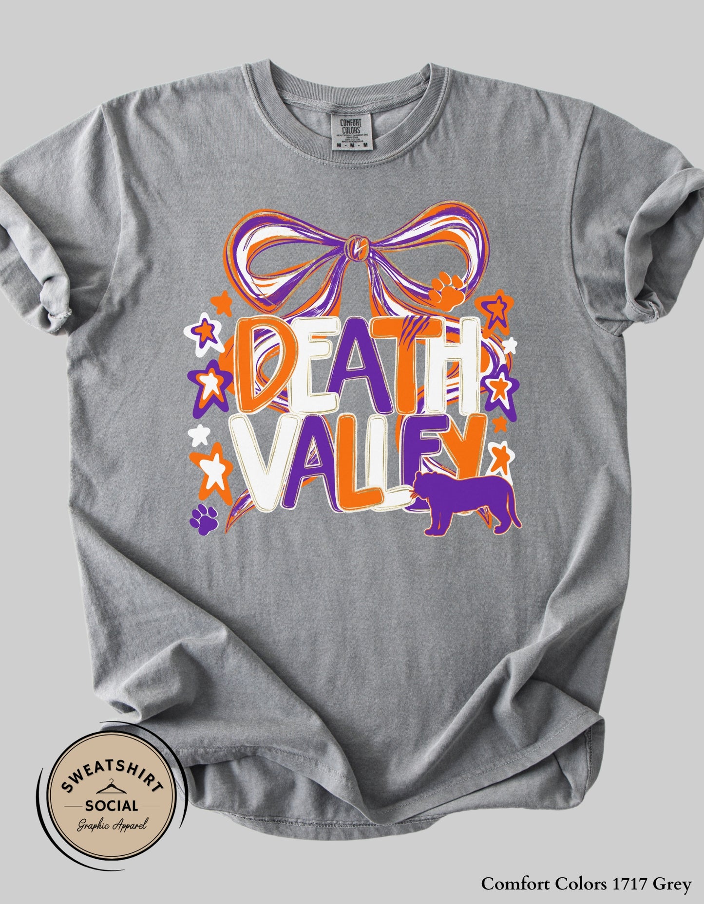 Adult Death Valley Tigers Shirt – Orange & Purple Bow Game Day Tee (Clemson Spirit Top)