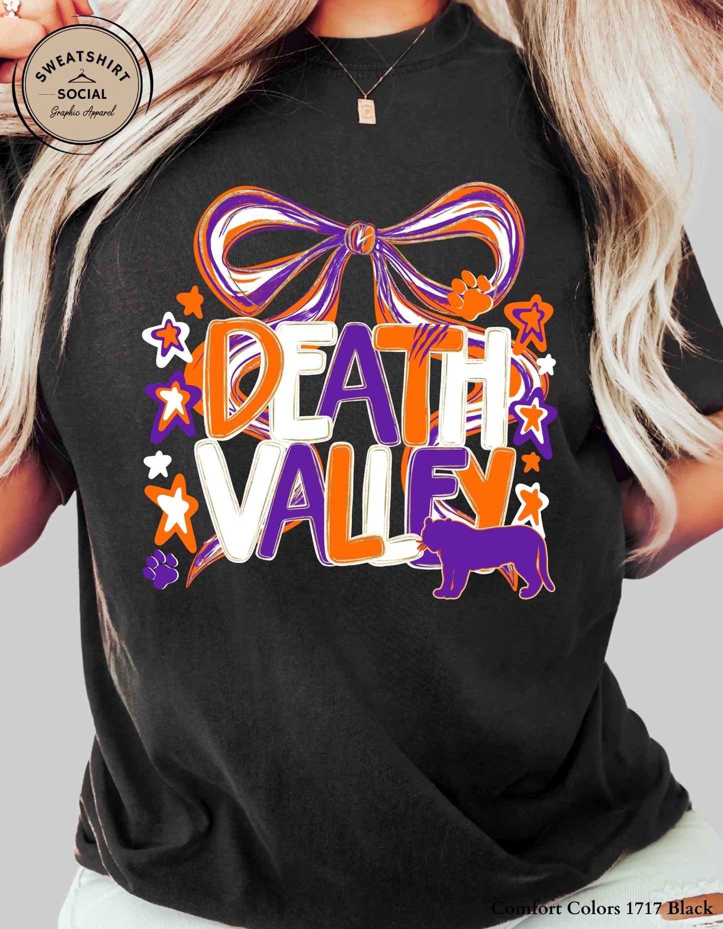 Adult Death Valley Tigers Shirt – Orange & Purple Bow Game Day Tee (Clemson Spirit Top)