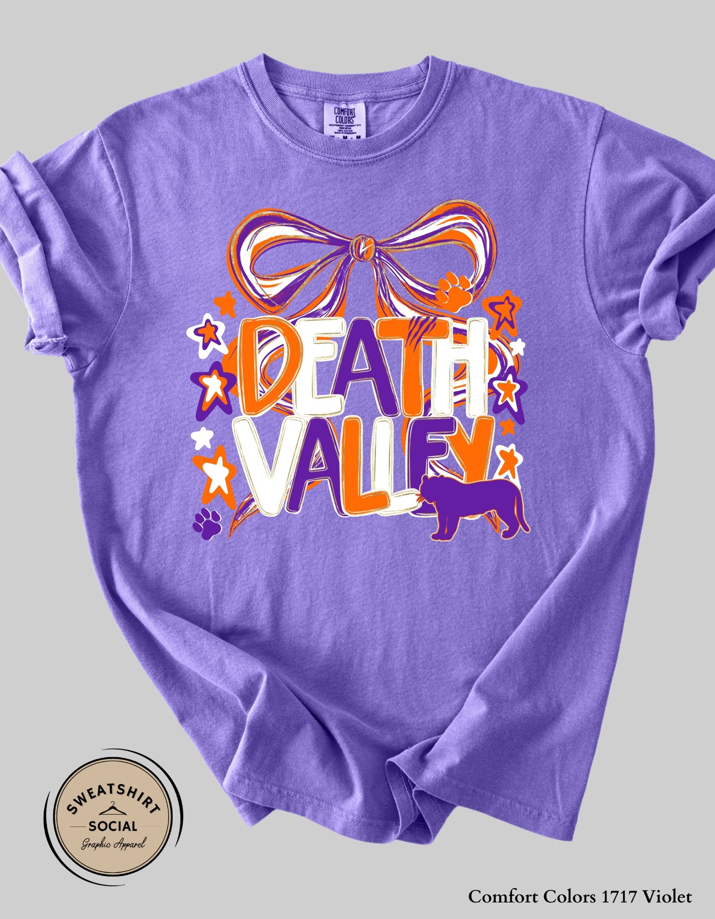 Adult Death Valley Tigers Shirt – Orange & Purple Bow Game Day Tee (Clemson Spirit Top)