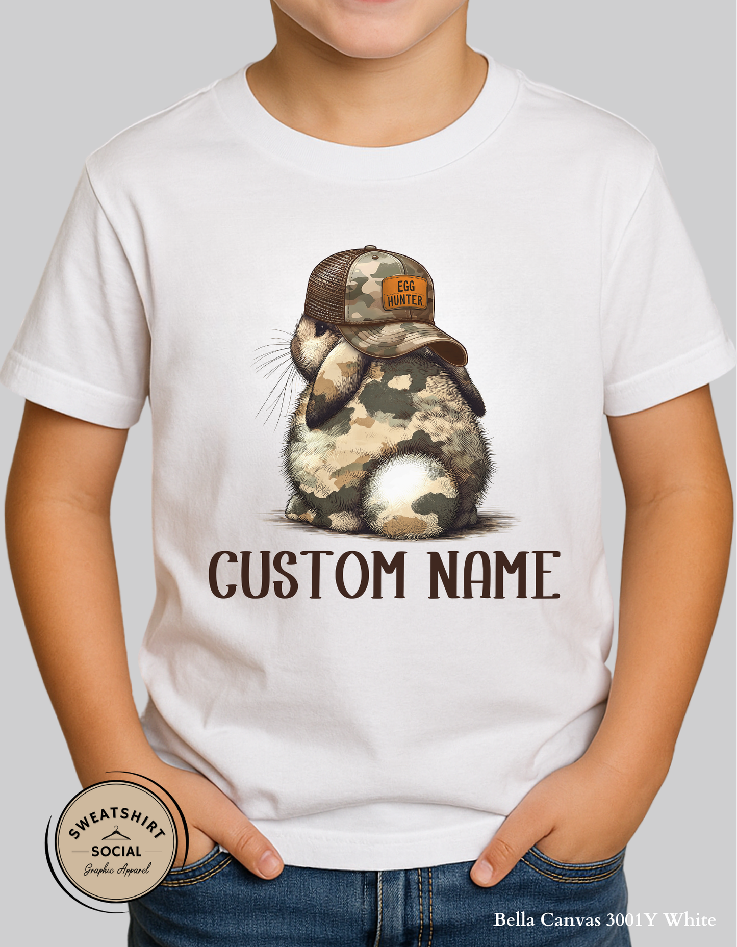 Egg Hunter Bunny T-Shirt or Sweatshirt for Kids – Personalized Camo Easter Rabbit Design (Infant–Youth Sizes)