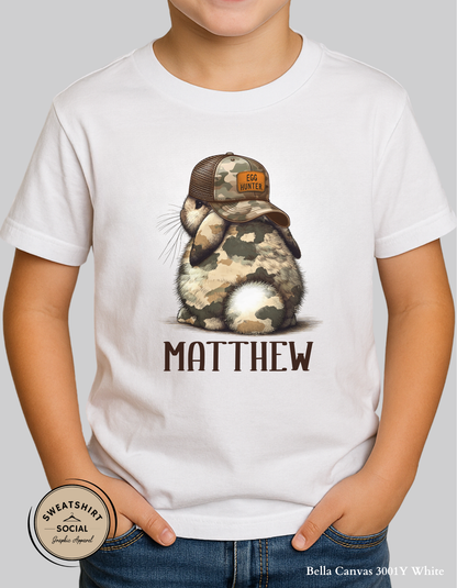 Egg Hunter Bunny T-Shirt or Sweatshirt for Kids – Personalized Camo Easter Rabbit Design (Infant–Youth Sizes)