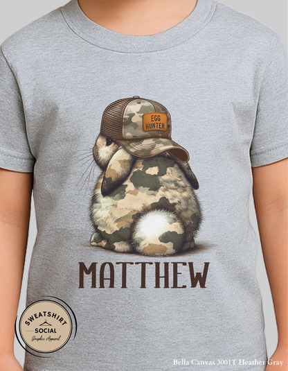 Egg Hunter Bunny T-Shirt or Sweatshirt for Kids – Personalized Camo Easter Rabbit Design (Infant–Youth Sizes)