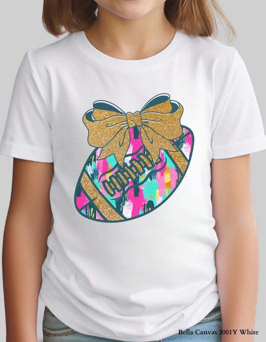 Colorful Game Day Football Shirt with Bow – Faux Glitter Design (Kids Football Tee for Girls)