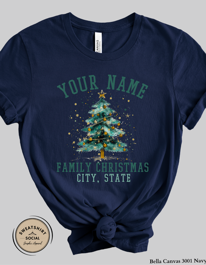 Personalized Family Christmas T-Shirt or Sweatshirt – Custom Name & City Design (Adult Sizes S–2XL)