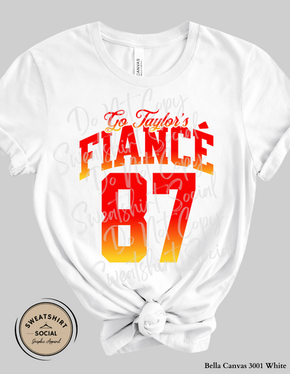 Go Taylor’s Fiancé 87 Football Tee – Red & Gold Game Day Shirt (Adult Sizes)
