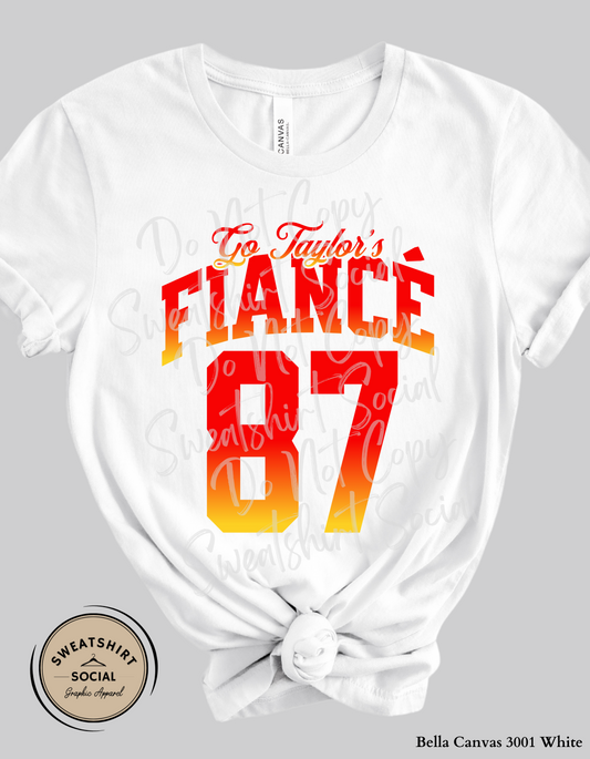 Go Taylor’s Fiancé 87 Football Tee – Red & Gold Game Day Shirt (Adult Sizes)