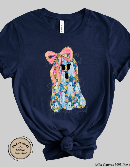 Flower Ghost Tee or Sweatshirt – Girly Halloween Shirt with Bow (Adult Sizes)