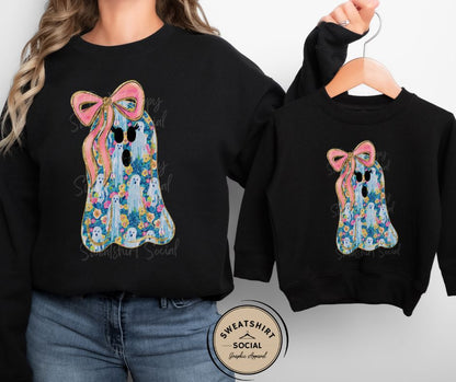 Flower Ghost Tee or Sweatshirt – Girly Halloween Shirt with Bow (Adult Sizes)