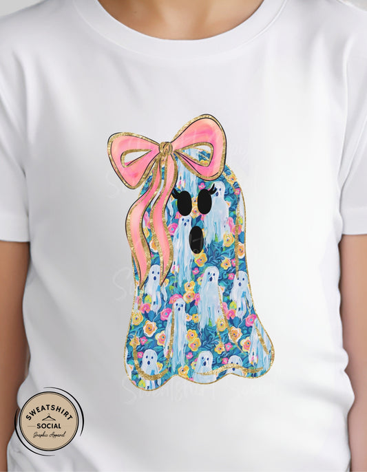 Flower Ghost Tee – Girly Halloween Shirt with Bow (Infant, Toddler, Youth Sizes)