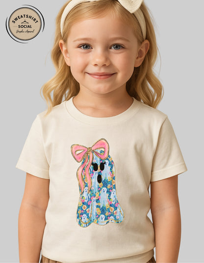 Flower Ghost Tee – Girly Halloween Shirt with Bow (Infant, Toddler, Youth Sizes)