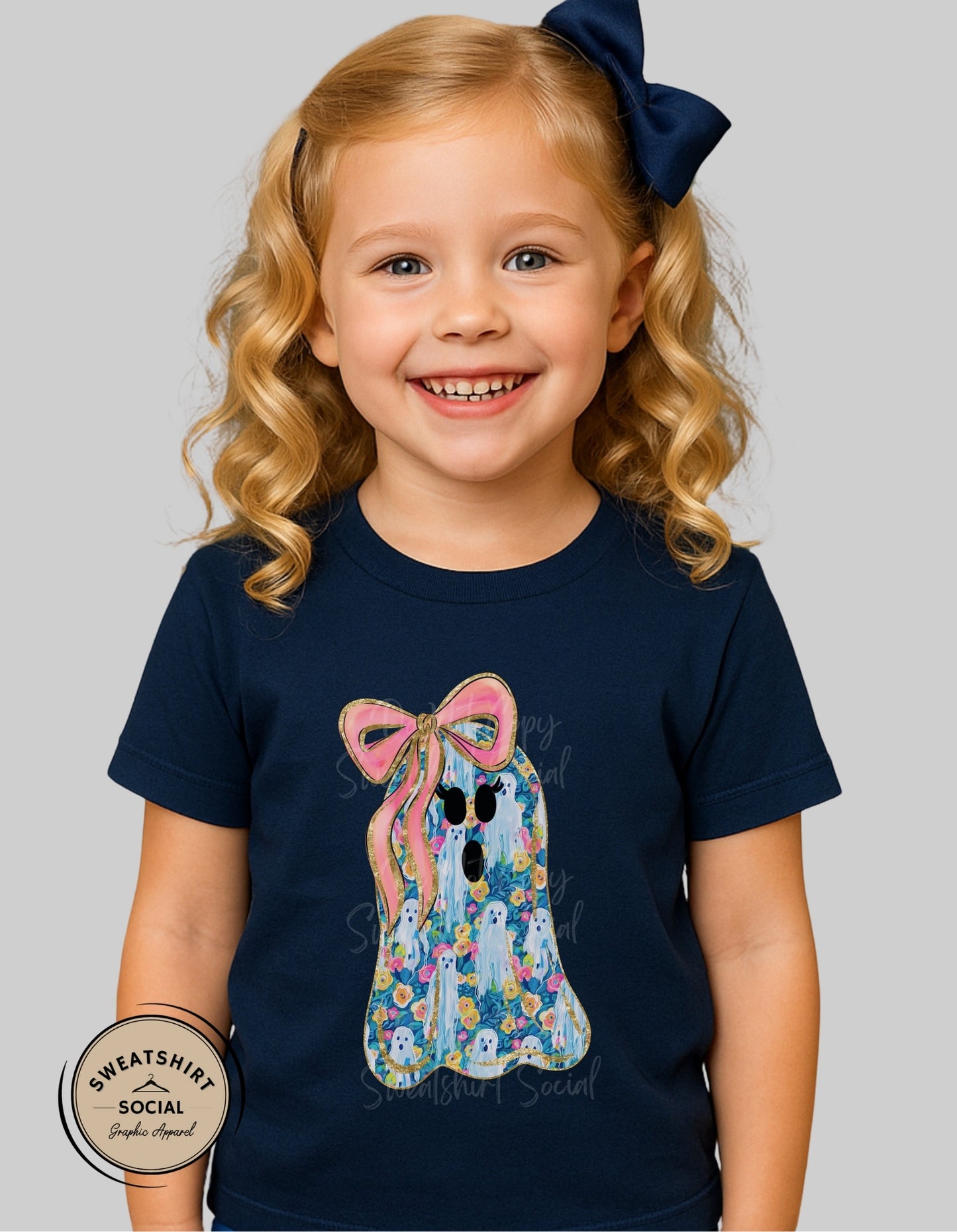 Flower Ghost Tee – Girly Halloween Shirt with Bow (Infant, Toddler, Youth Sizes)
