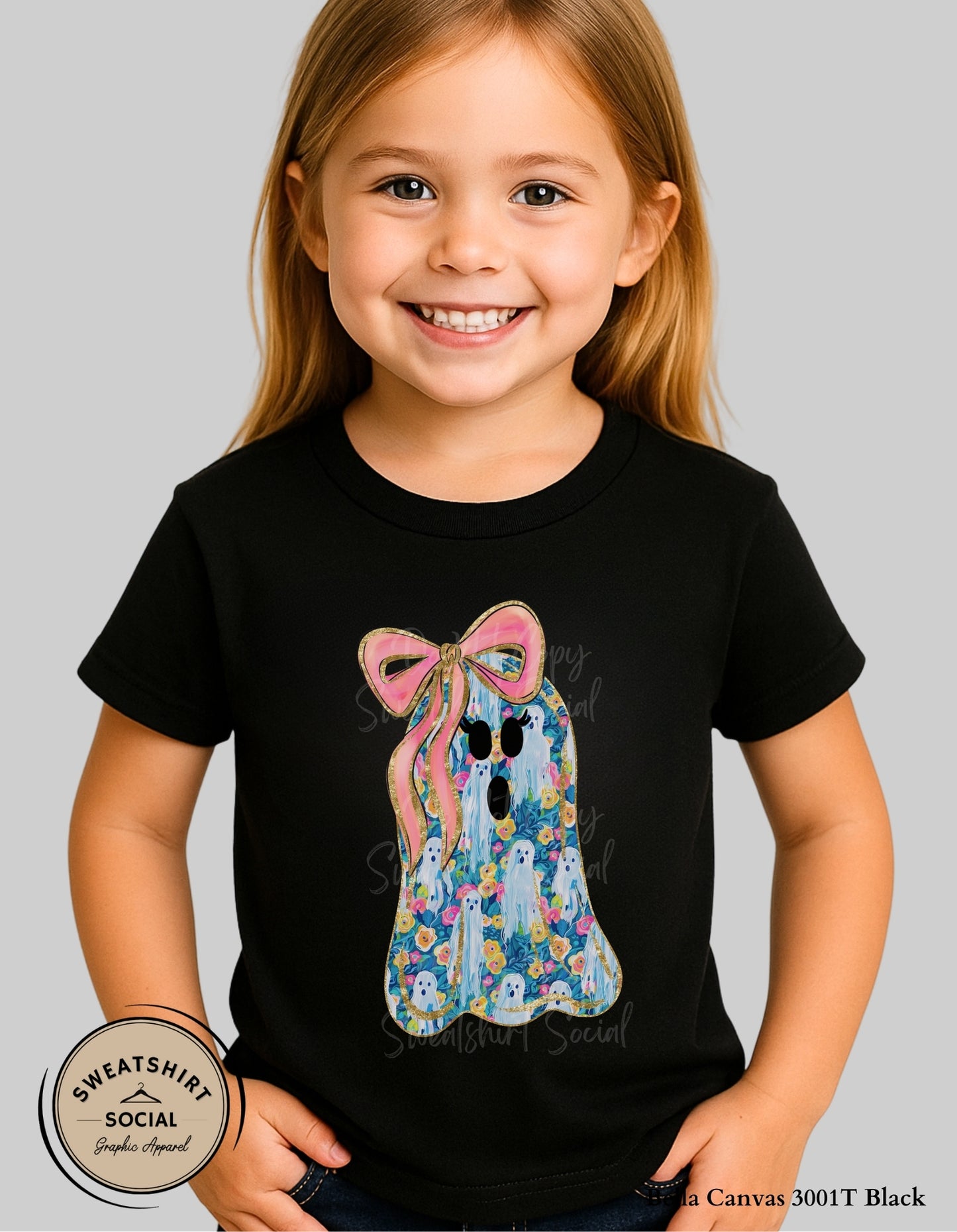 Flower Ghost Tee – Girly Halloween Shirt with Bow (Infant, Toddler, Youth Sizes)