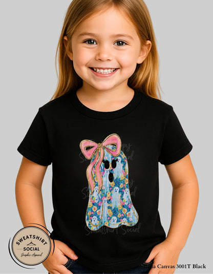 Flower Ghost Tee – Girly Halloween Shirt with Bow (Infant, Toddler, Youth Sizes)