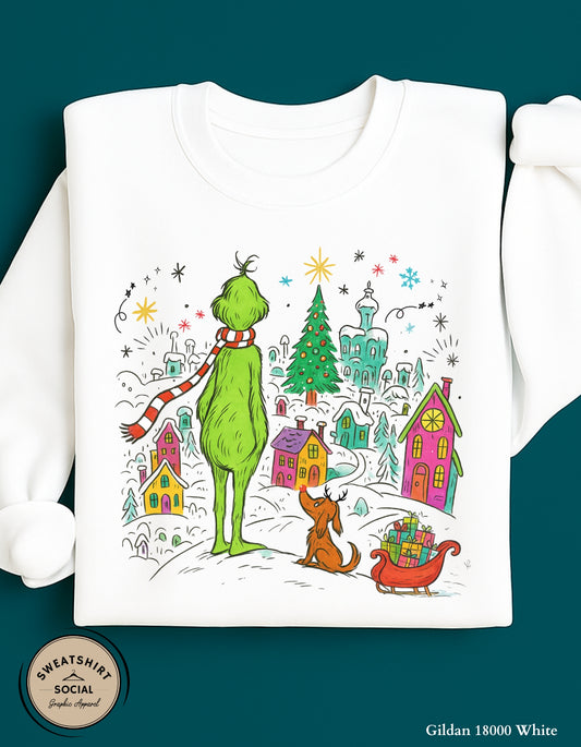 Green Man & Pup Christmas Sweatshirt – Holiday Village Crewneck (Adult Sizes S–2XL)