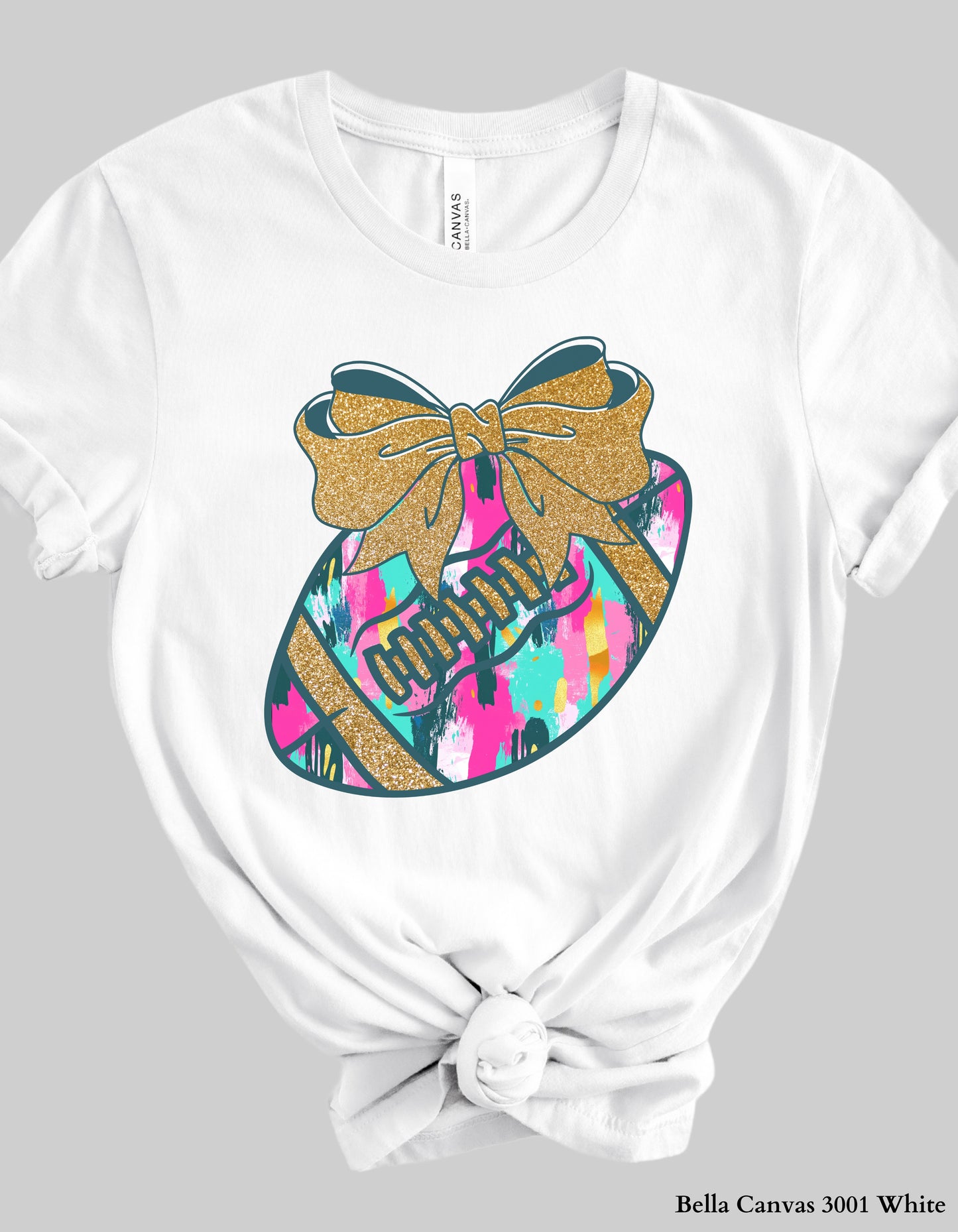 Colorful Game Day Football Shirt with Bow – Faux Glitter Design (Adult Tee or Sweatshirt for Football Moms & Fans)