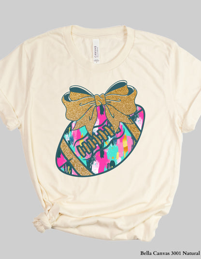 Colorful Game Day Football Shirt with Bow – Faux Glitter Design (Adult Tee or Sweatshirt for Football Moms & Fans)