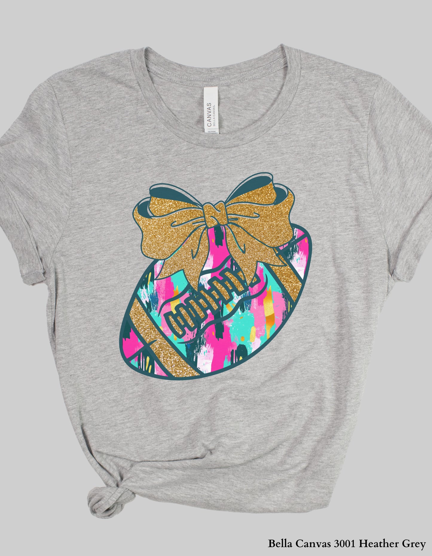 Colorful Game Day Football Shirt with Bow – Faux Glitter Design (Adult Tee or Sweatshirt for Football Moms & Fans)