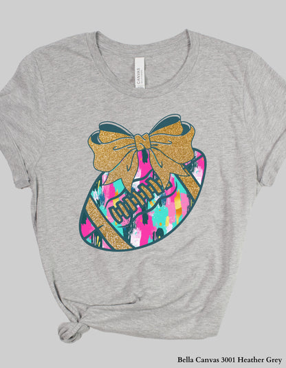 Colorful Game Day Football Shirt with Bow – Faux Glitter Design (Adult Tee or Sweatshirt for Football Moms & Fans)