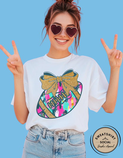 Colorful Game Day Football Shirt with Bow – Faux Glitter Design (Adult Tee or Sweatshirt for Football Moms & Fans)