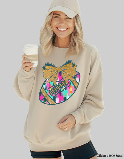 Colorful Game Day Football Shirt with Bow – Faux Glitter Design (Adult Tee or Sweatshirt for Football Moms & Fans)