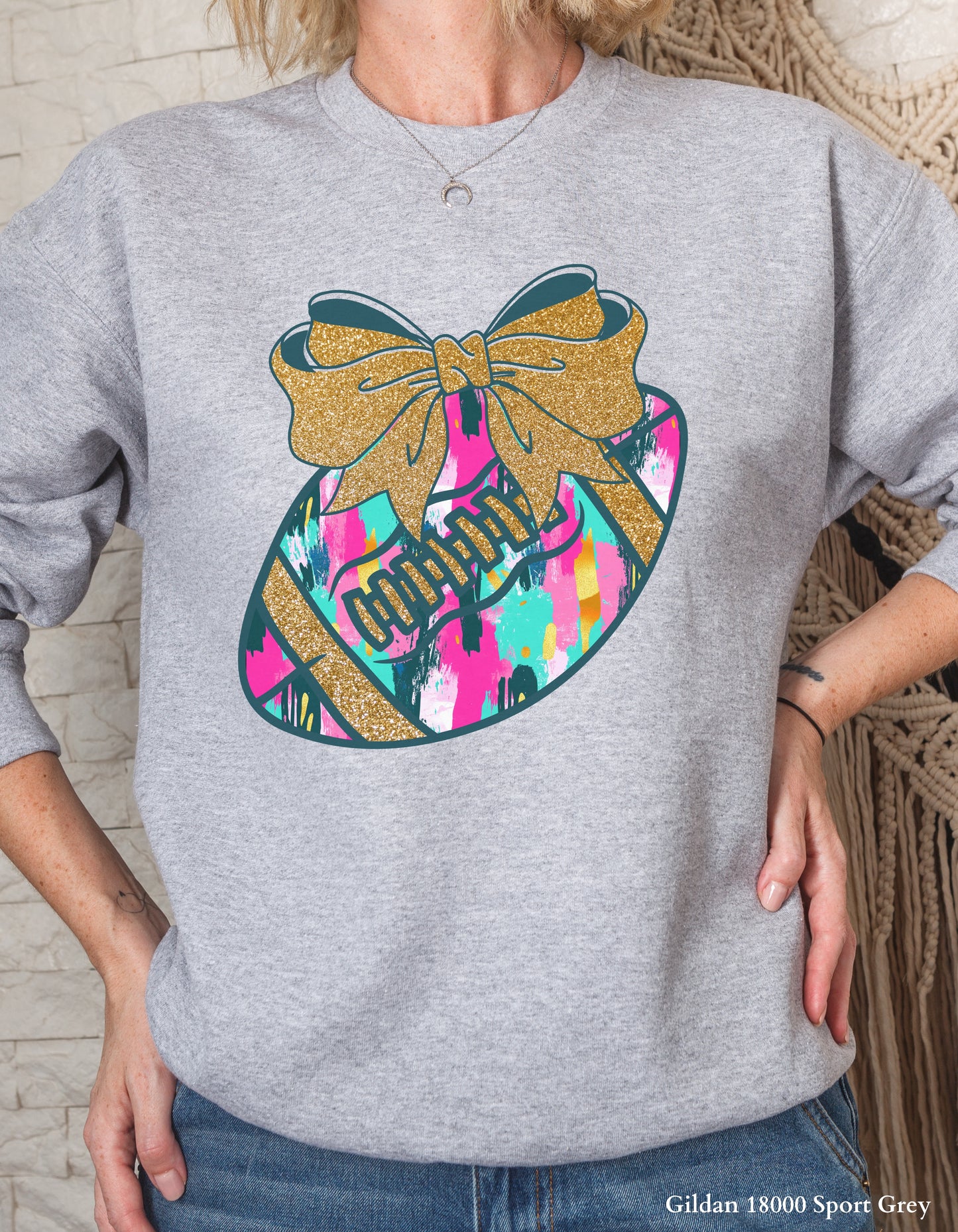 Colorful Game Day Football Shirt with Bow – Faux Glitter Design (Adult Tee or Sweatshirt for Football Moms & Fans)