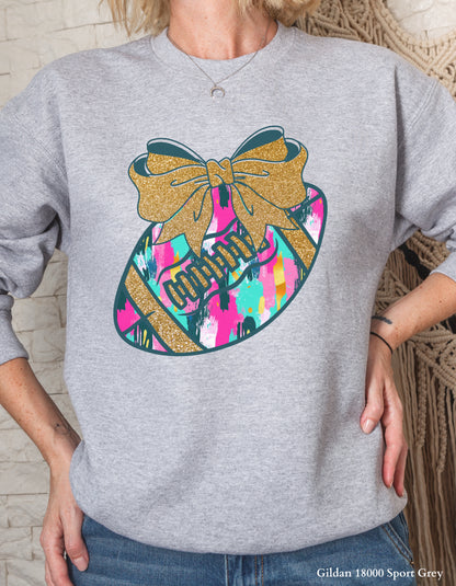 Colorful Game Day Football Shirt with Bow – Faux Glitter Design (Adult Tee or Sweatshirt for Football Moms & Fans)