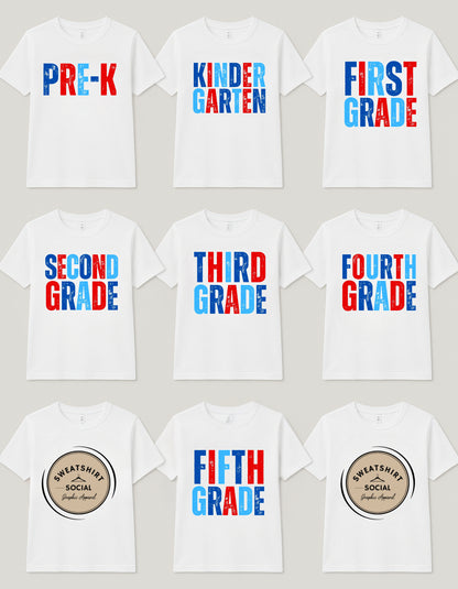 Kids Back to School Grade Shirt – Pre-K to 5th Grade (Red, White & Blue Design)