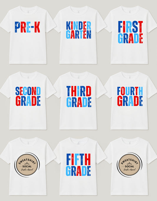 Kids Back to School Grade Shirt – Pre-K to 5th Grade (Red, White & Blue Design)