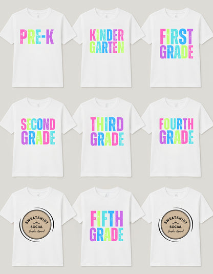 Kids Bright Grade Shirt – Pre-K to 5th Grade Rainbow Back to School Tee