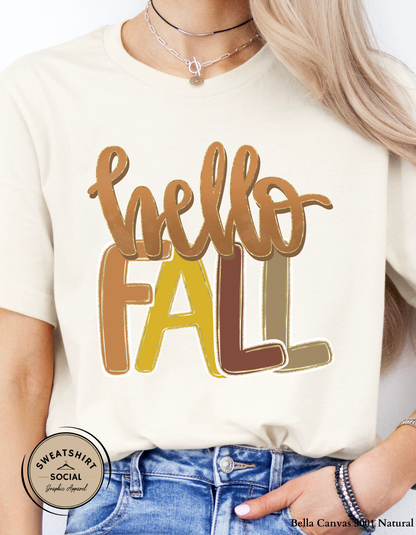 Hello Fall Shirt – Cozy Autumn Colors Graphic Tee (Adult Sizes S–2XL)