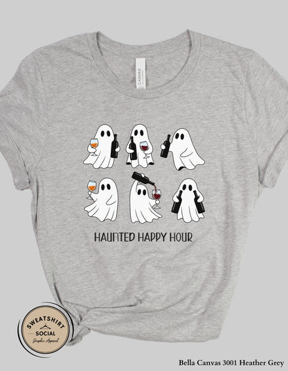 Haunted Happy Hour Ghost Tee – Halloween Wine & Spirits Shirt (Adult Sizes)
