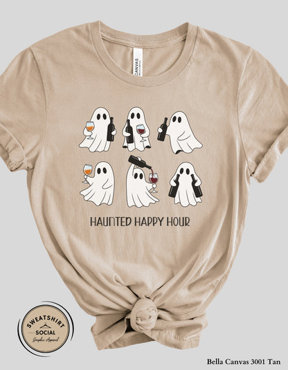 Haunted Happy Hour Ghost Tee – Halloween Wine & Spirits Shirt (Adult Sizes)