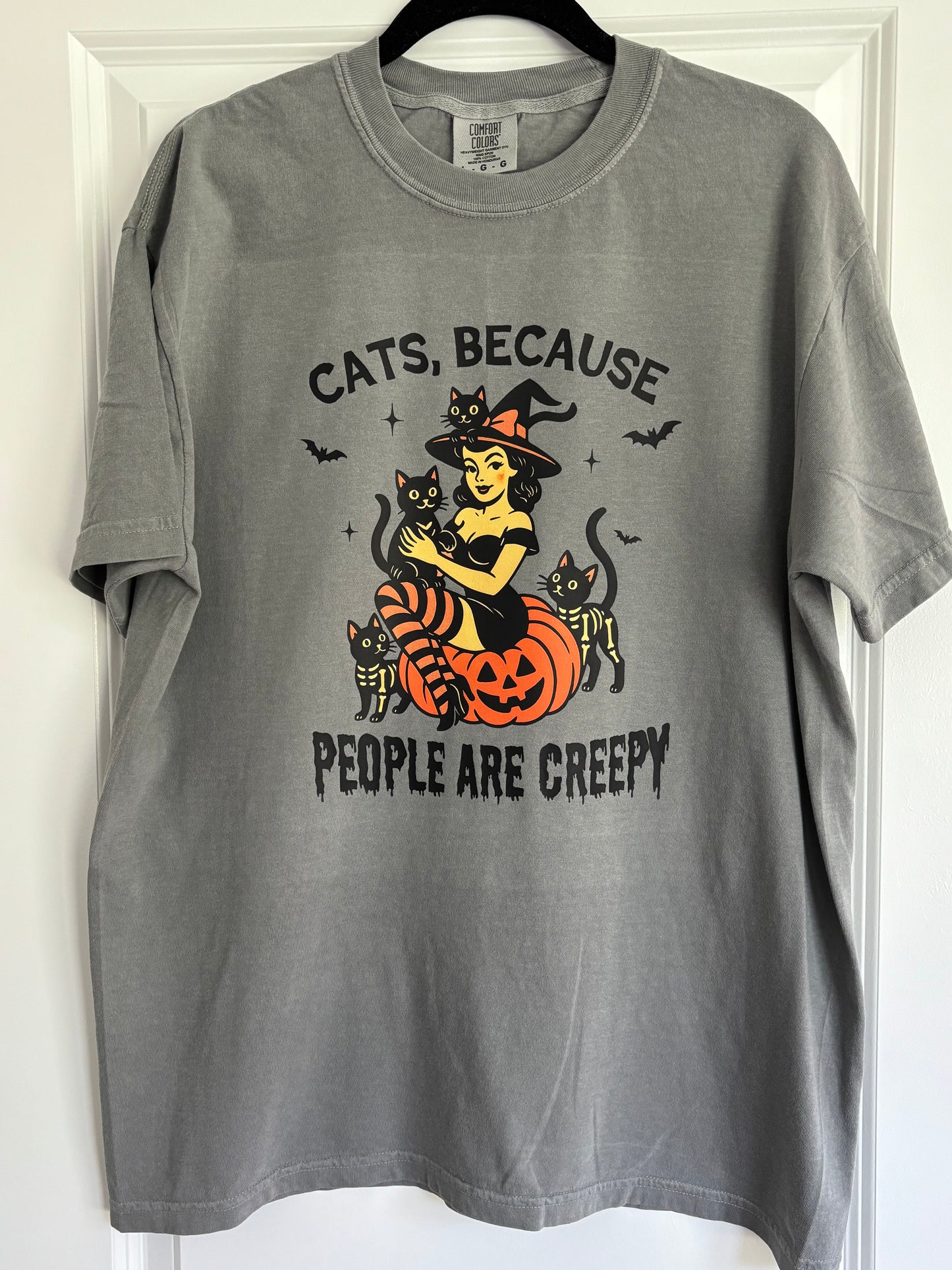 Cats Because People Are Creepy Halloween Tee or Sweatshirt – Retro Witch & Black Cats (Adult Sizes)