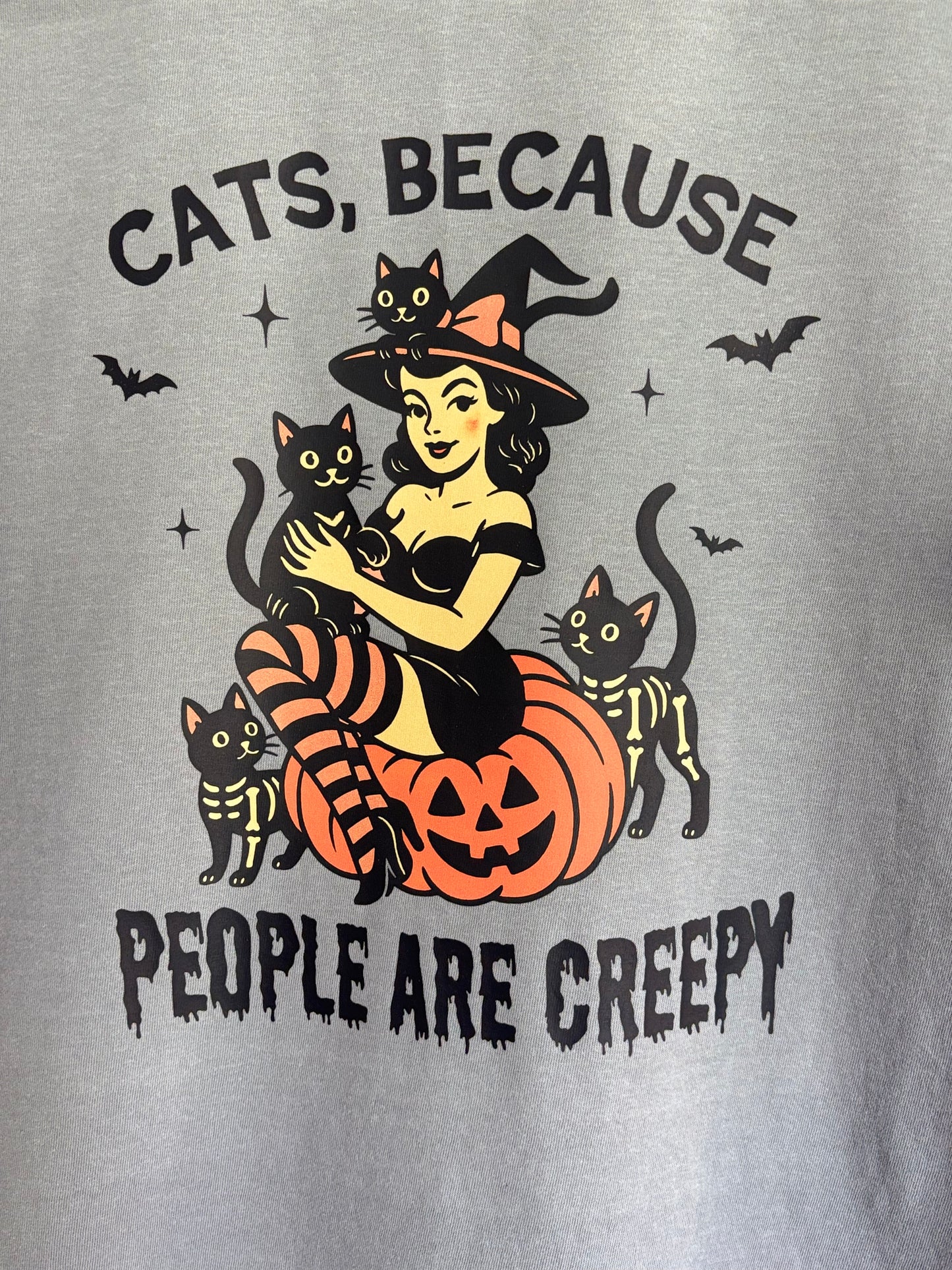 Cats Because People Are Creepy Halloween Tee or Sweatshirt – Retro Witch & Black Cats (Adult Sizes)