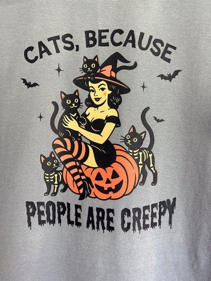 Cats Because People Are Creepy Halloween Tee or Sweatshirt – Retro Witch & Black Cats (Adult Sizes)