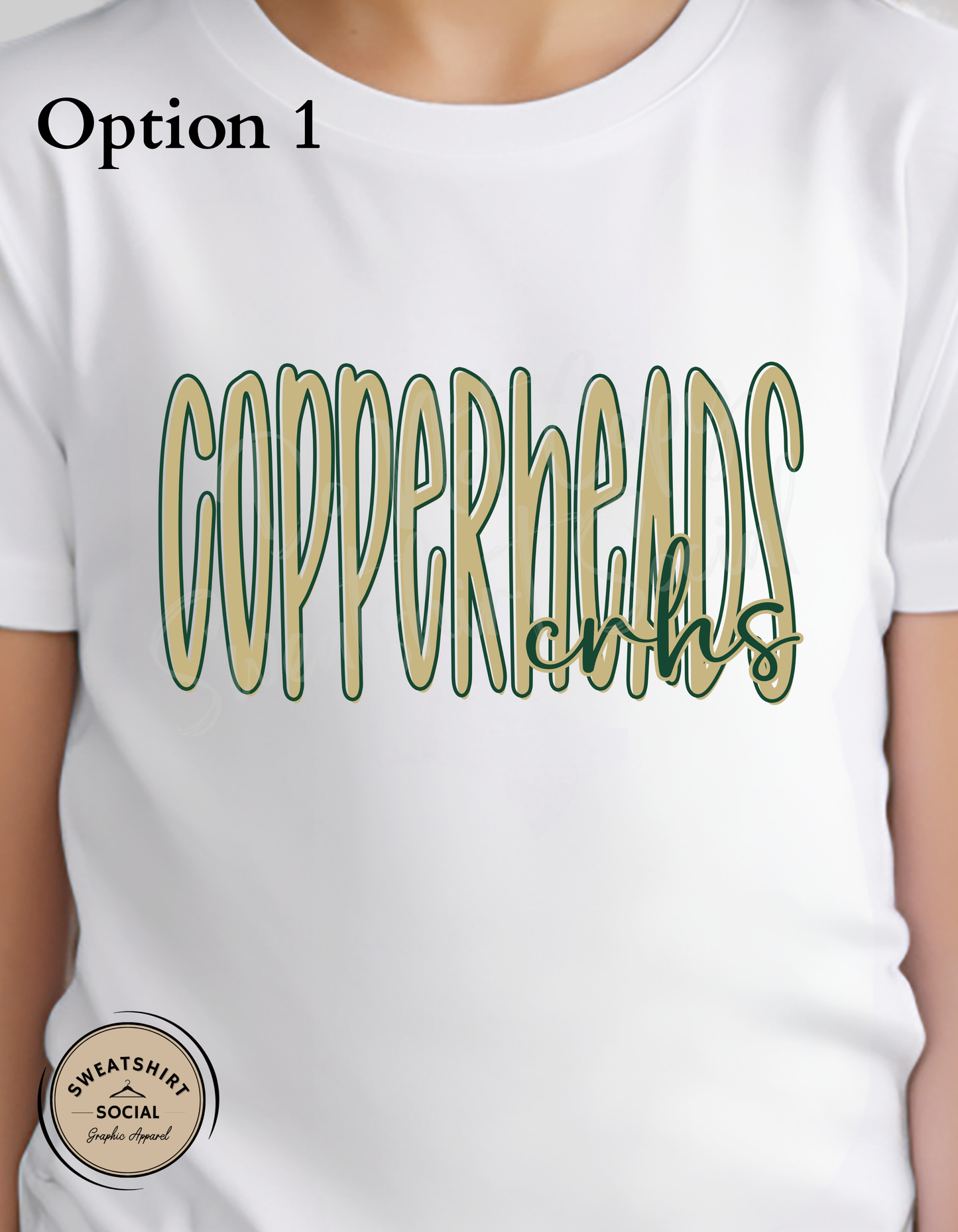 Copperheads Lettered Look Tee – Option 1 Tan/Green or Option 2 Green/Gold (Youth Sizes)